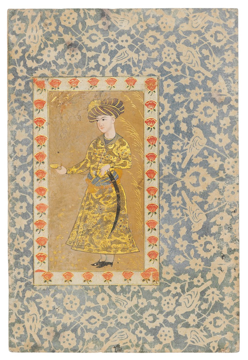 A Youth Holding a Wine Cup, Safavid Isfahan (ogenomskinliga pigment förhöjda med guld på papper) av Persian School