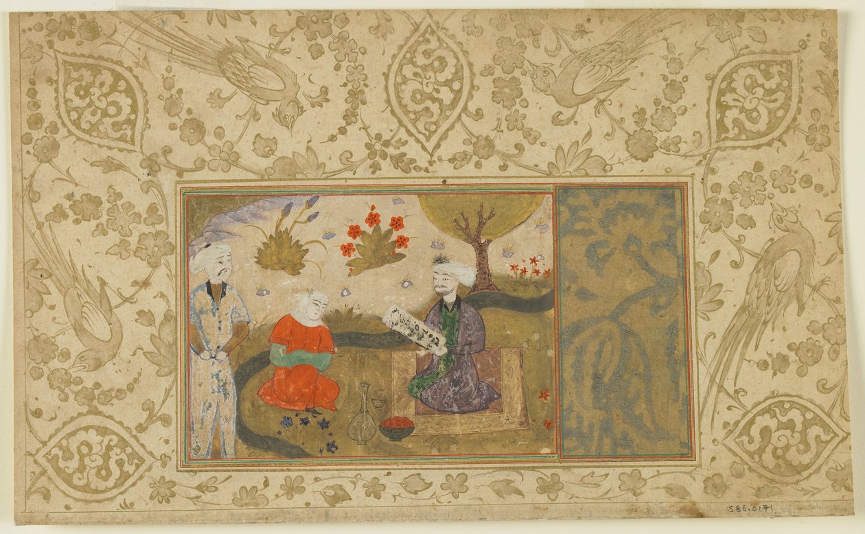 Ett par samtalar vid en bäck, ca 1500 (ogenomskinlig akvarell, bläck och guld på papper) av Persian School