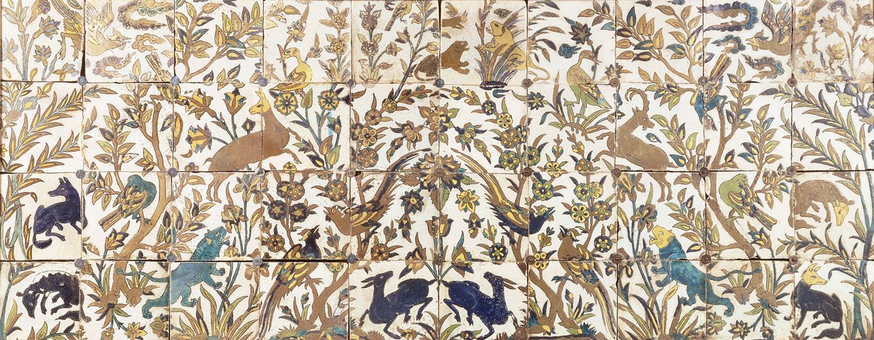En curda seca kakelpanel, bestående av fyra rader om tio plattor, målad med vegetation bebodd av fåglar, rådjur och lejon, 1600-talet av Persian School