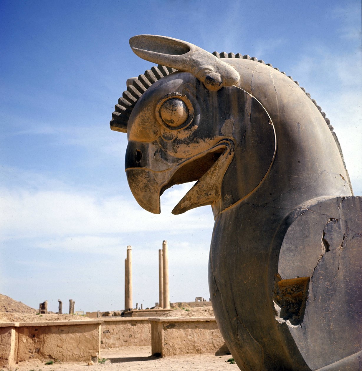 En griffon, legendarisk varelse hälften örn, hälften lejon. Kolumn i Apadana, stor rättssal, övervunnen av dessa huvudstäder, Darius I:s palats, Persepolis, Iran. av Persian School