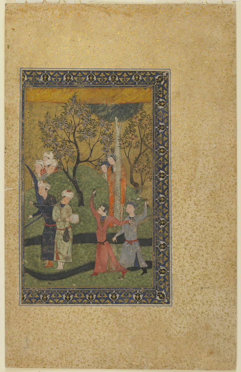 En prins och prinsessa omgiven av hovmän i en trädgård, ca 1480 av Persian School