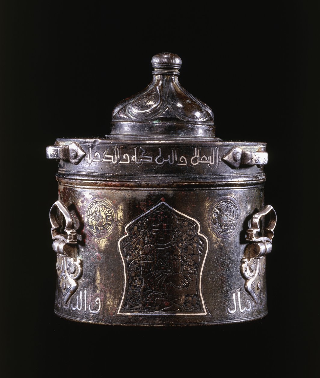 Ett mycket fint östpersiskt silver och koppar inlagt brons bläckhus och lock av Persian School