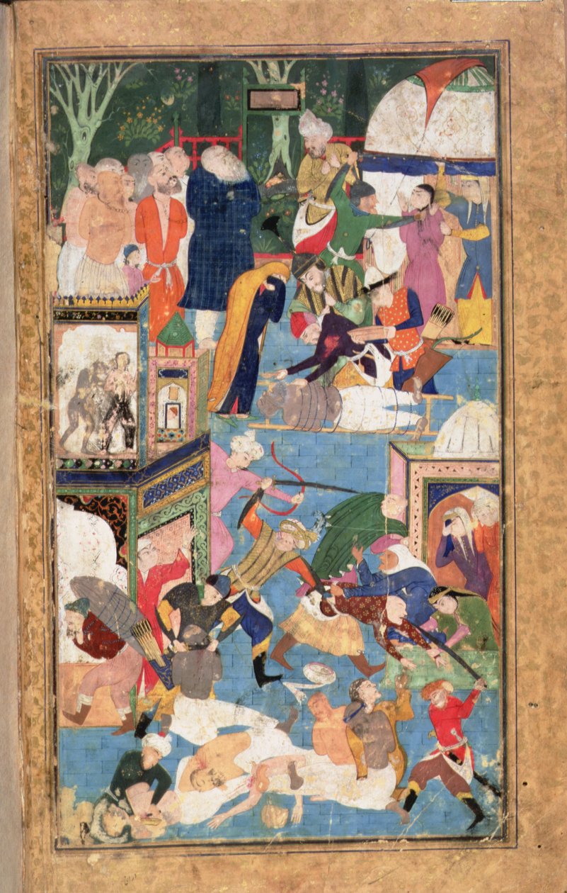 Lägg till 22703 fol.52v Plundringen av Isfahan 1387 som visar Timurs styrkor plundring, plundring och mord av Persian School