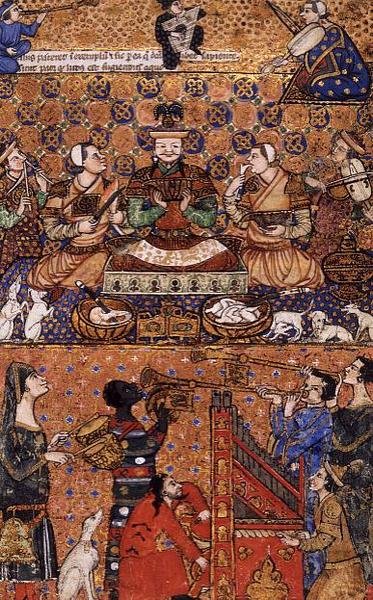 Lägg till 27696 f.13 Linjal tronad med skötare och musikmakare, skriven i Genua, sent 1300-tal av Persian School