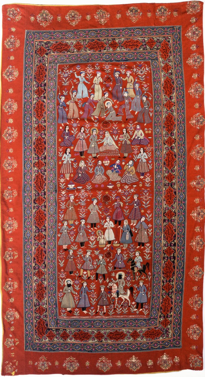 En broderad hängning av rött ullduk med rader av figurer som föreställer Josefs liv av Persian School