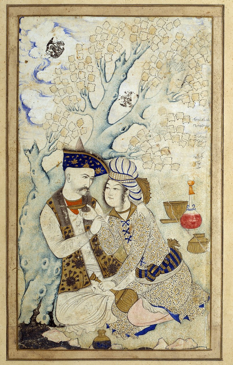 Art Islam: Porträtt av Shah Abbas I som omfamnar en av hans sidor. Persisk teckning från 1672. Mått: 0,16 x 0,27m. Paris, Louvren av Persian School