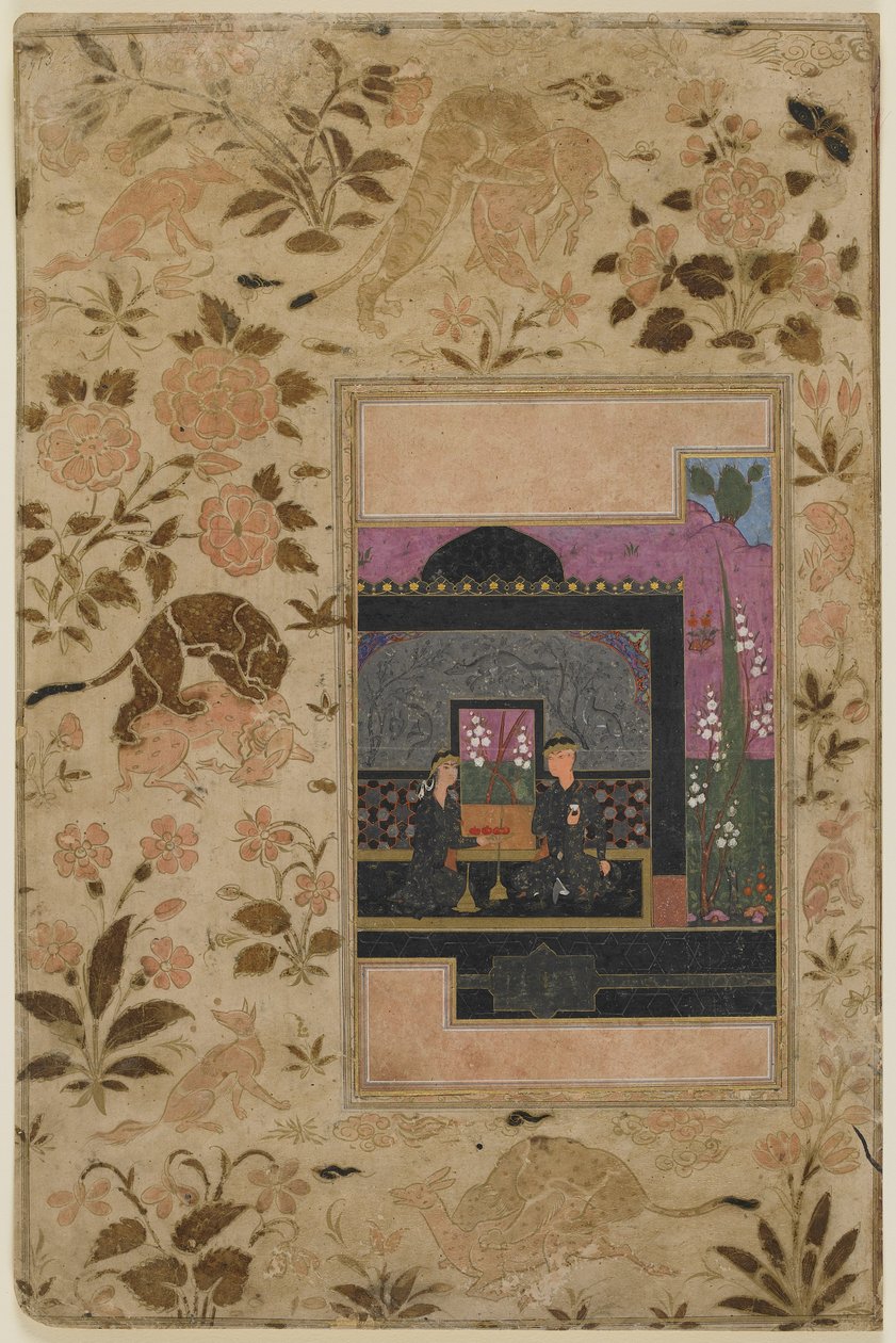Bahram Gur och prinsessan i den svarta paviljongen, ca 1590 (ogenomskinlig akvarell, bläck och guld på papper) av Persian School