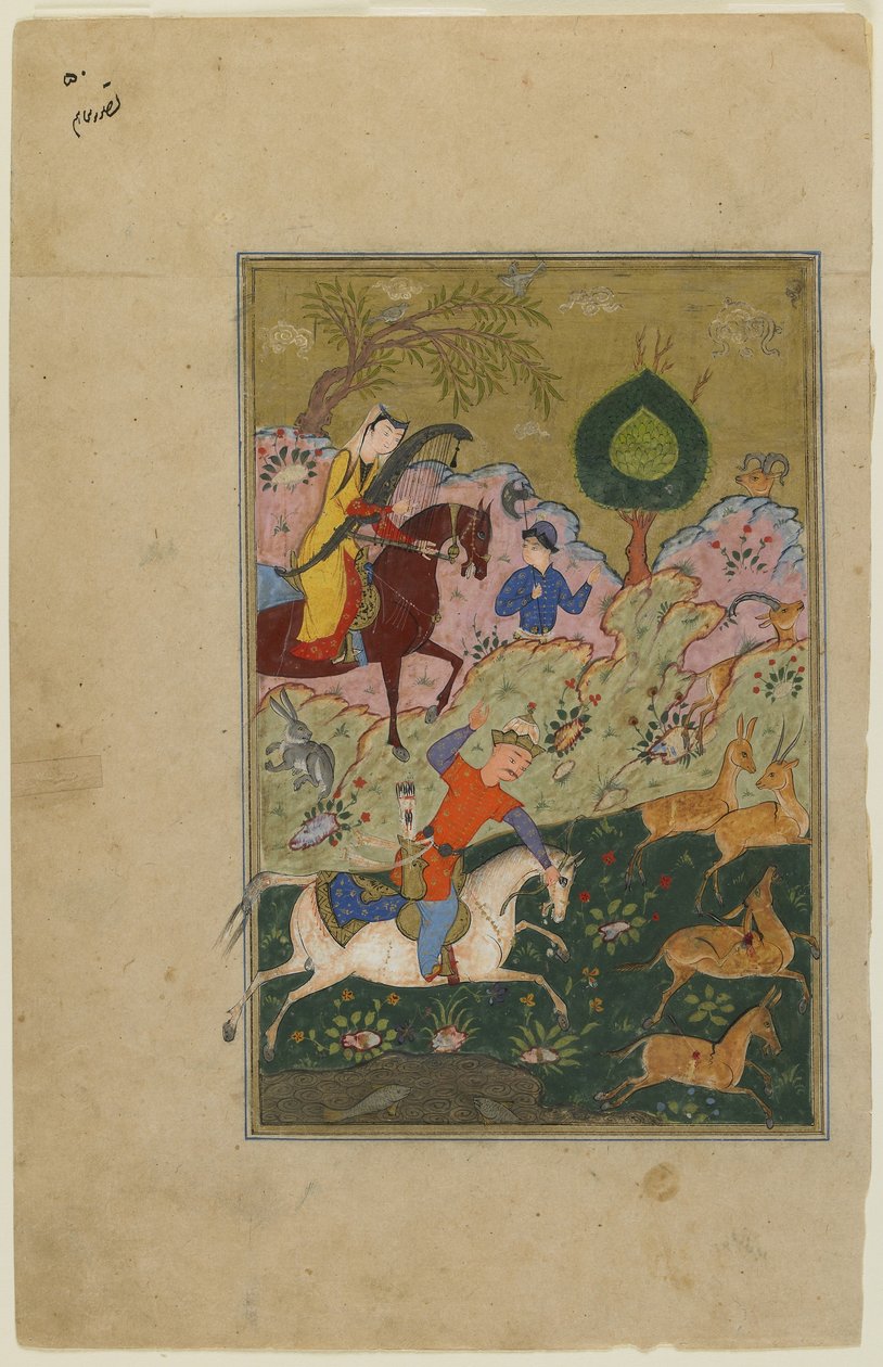 Bahram Gur jagar med Azada, från en Khamsa, ca 1580 av Persian School