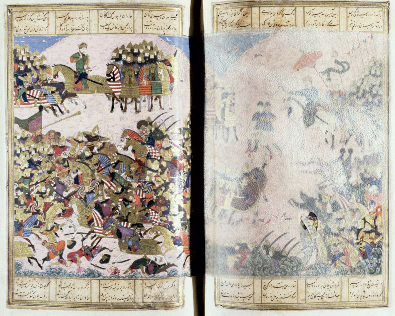 Battle Between Isfandiyar och Arjasp, illustration från Shahnama (Kungarnas bok), av Abul-Qasim Manur Firdawsi (c.934-c.1020) c.1440-45 (penna, bläck & wc på veläng) av Persian School