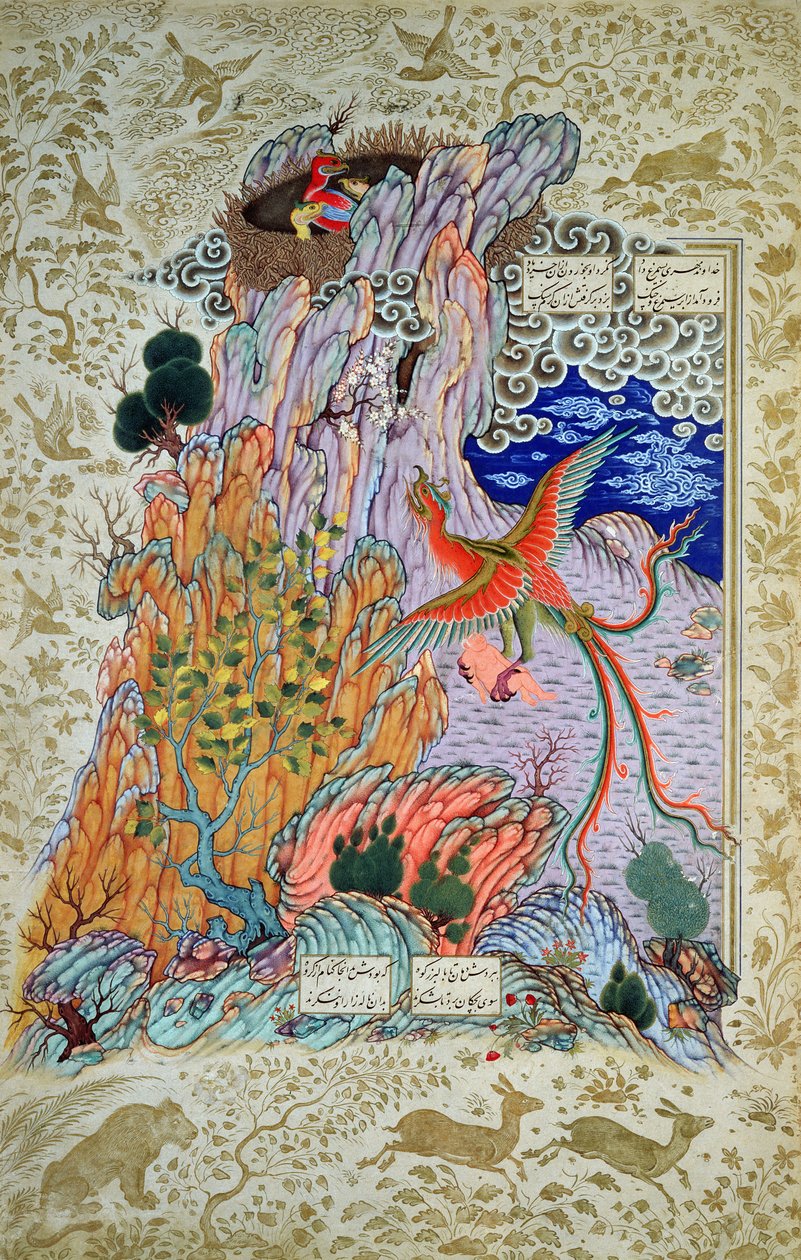 CBL Per 277.12 Zal räddas av den mytomspunna Simurgh, från en kopia av Shahnama, sent 1500-tal (gouache & wc på papper) av Persian School