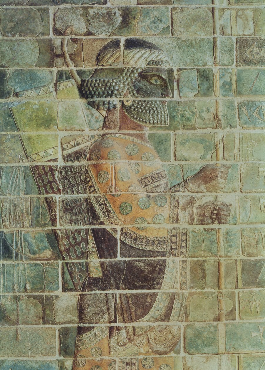 Detalj av en bågskytt från en fris, från Darius den stores palats (548-486 f.Kr.) i Susa, Iran, Achaemenid Period, c.500 f.Kr. (glaserade tegelstenar) av Persian School