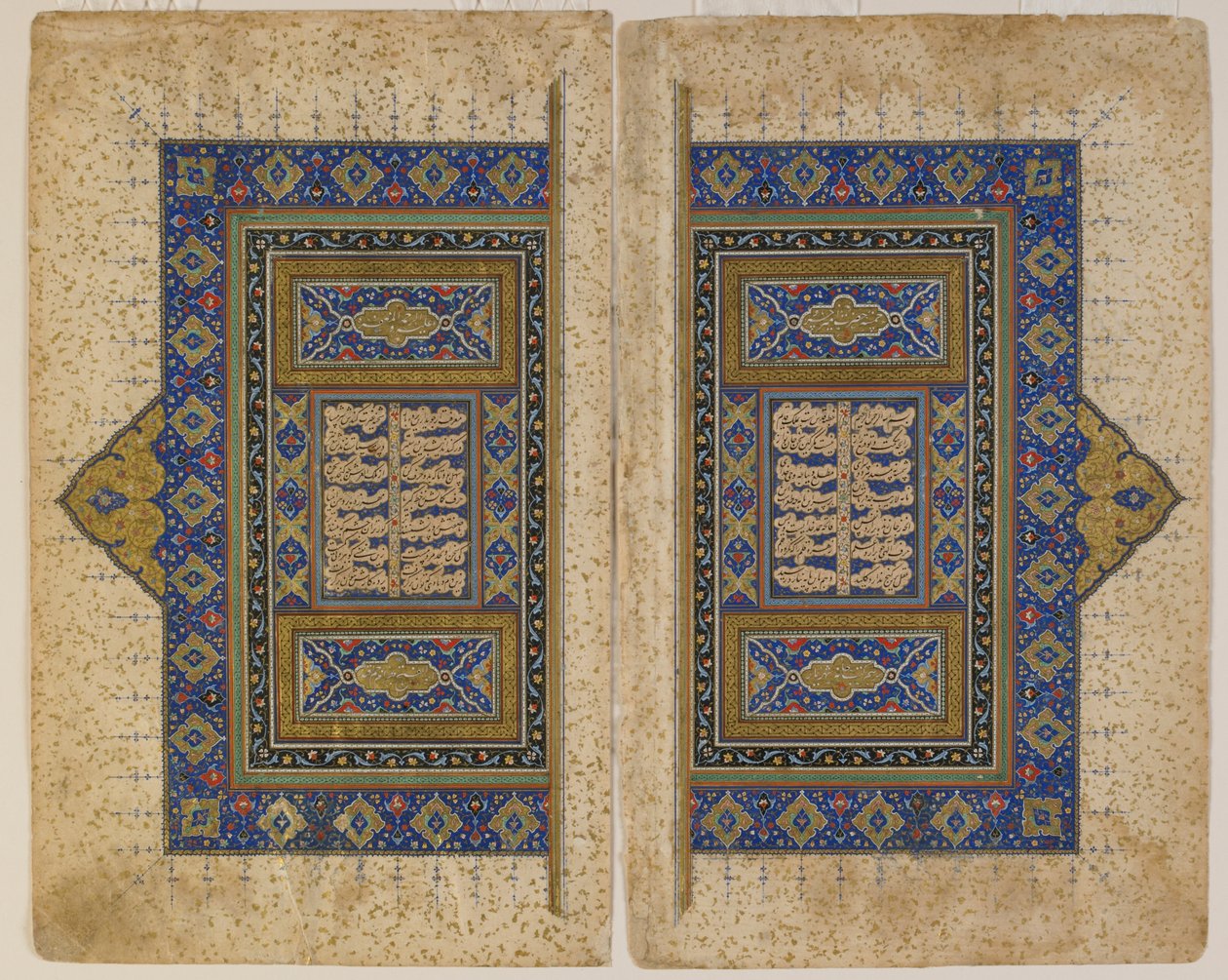 Dubbelsidig frontispice från en Khamsa (kvintett) av Amir Khusraw Dihlavi, Tabriz, Iran, safavidperioden, 1530-40 (ogenomskinlig akvarell, bläck och guld på papper) av Persian School
