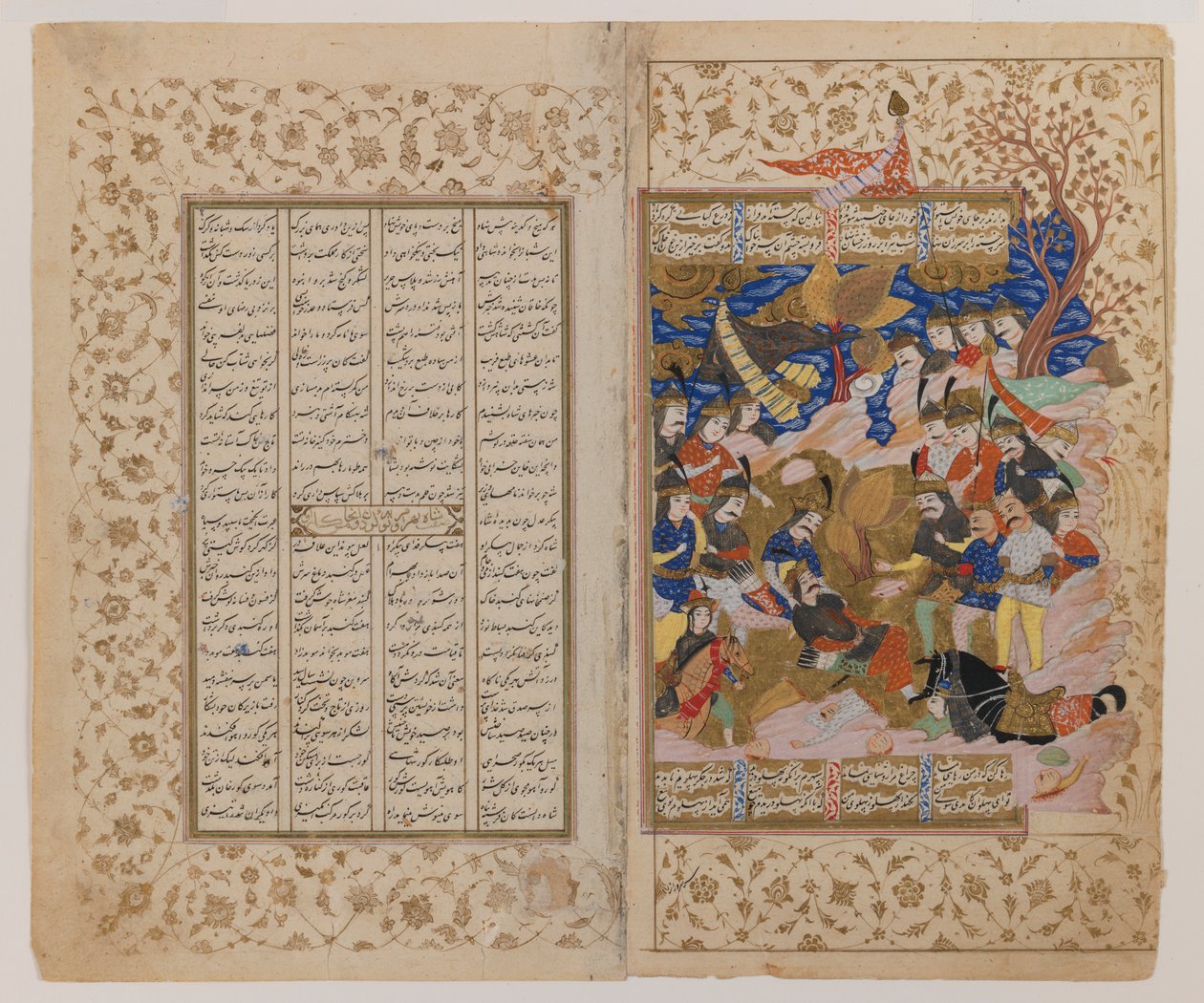 Dubbelsida med illustration från ett Shahnamah-manuskript, sent 1600-tal (bläck, gouache & guld på pergamentpapper) av Persian School