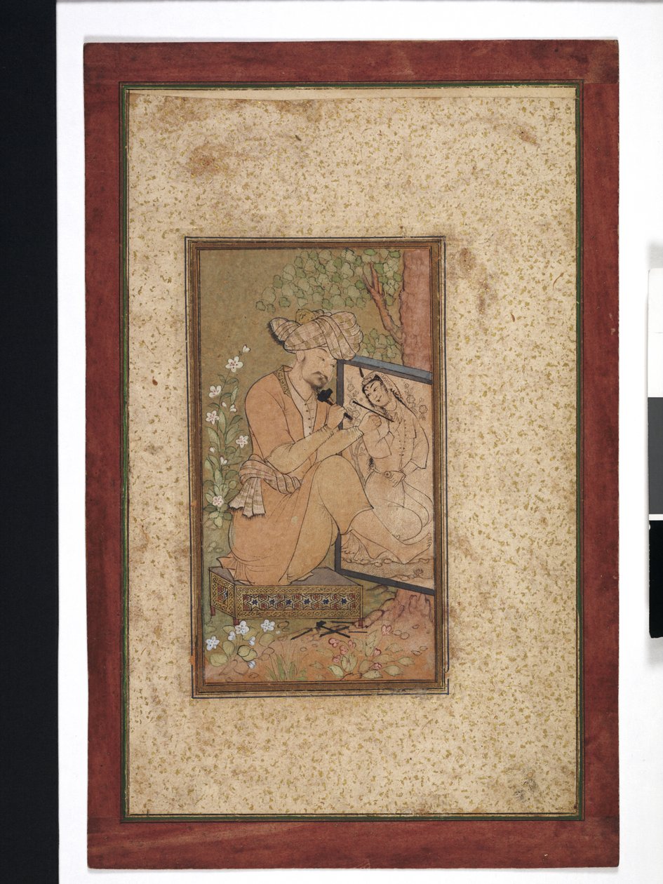 Farhad ristade Shirins porträtt, förmodligen 1700-tal (Ogenomskinlig akvarell, bläck och guld på papper) av Persian School