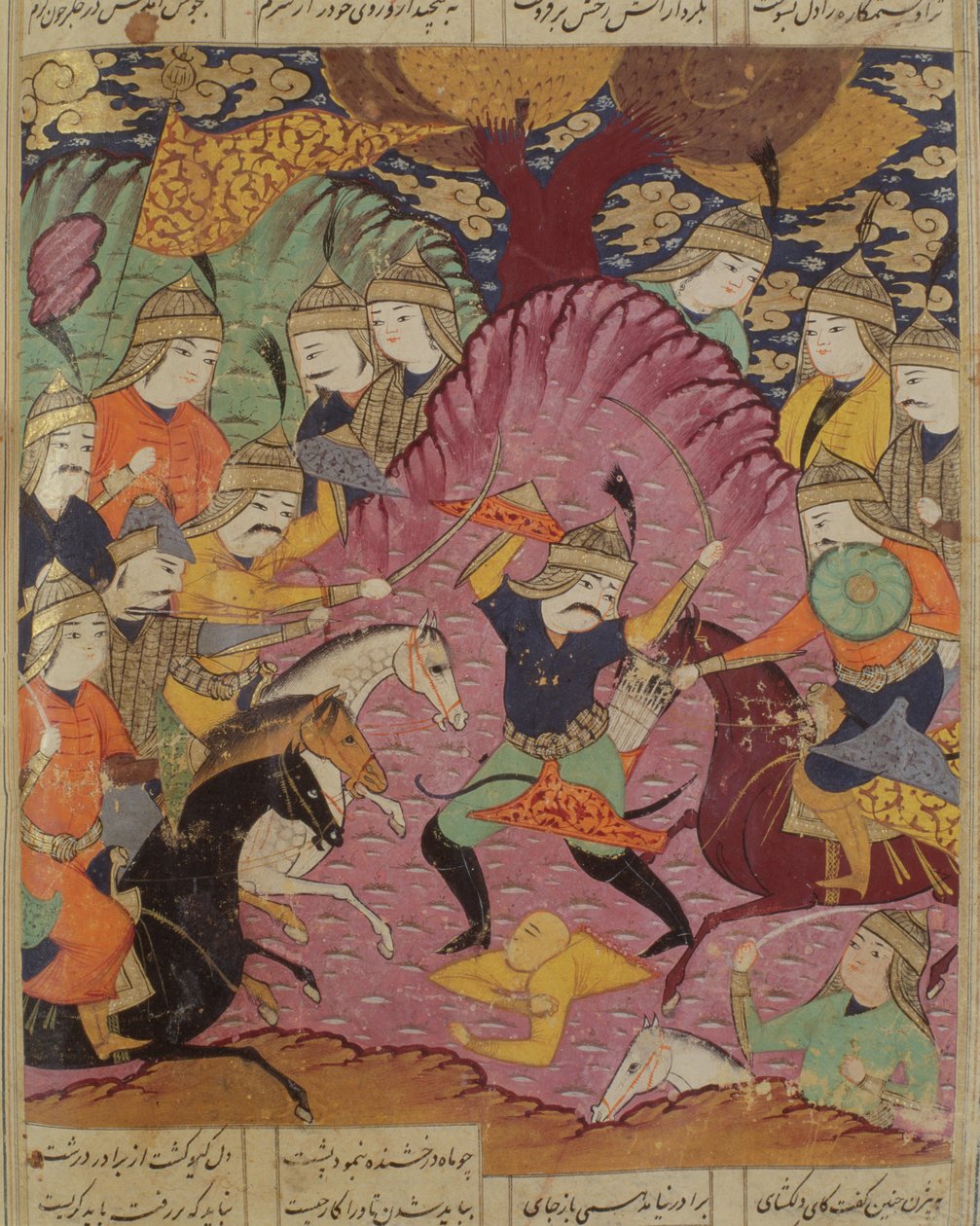 Kampen mellan Bahrama och Tazaw, illustration från Shahnama (Kungarnas bok) av Abul-Qasim Manur Firdawsi (c.934-c.1020) 1619 av Persian School