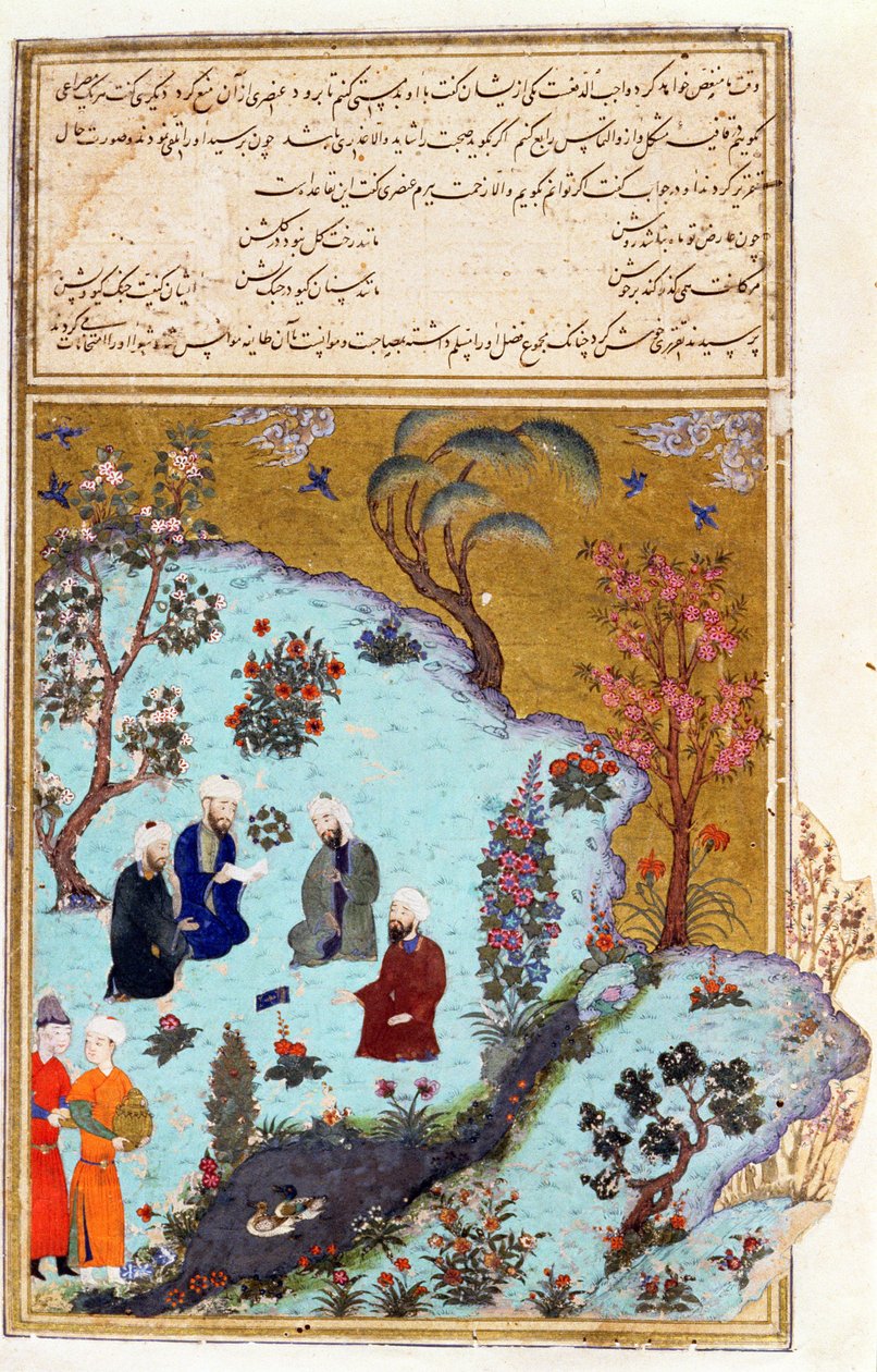 Firdawsi och de tre hovpoeterna i Ghazna, illustration från Shahnama (Kungarnas bok), av Abul-Qasim Manur Firdawsi (c.934-c.1020) c.1440-45 (penna, bläck och guld på veläng) av Persian School