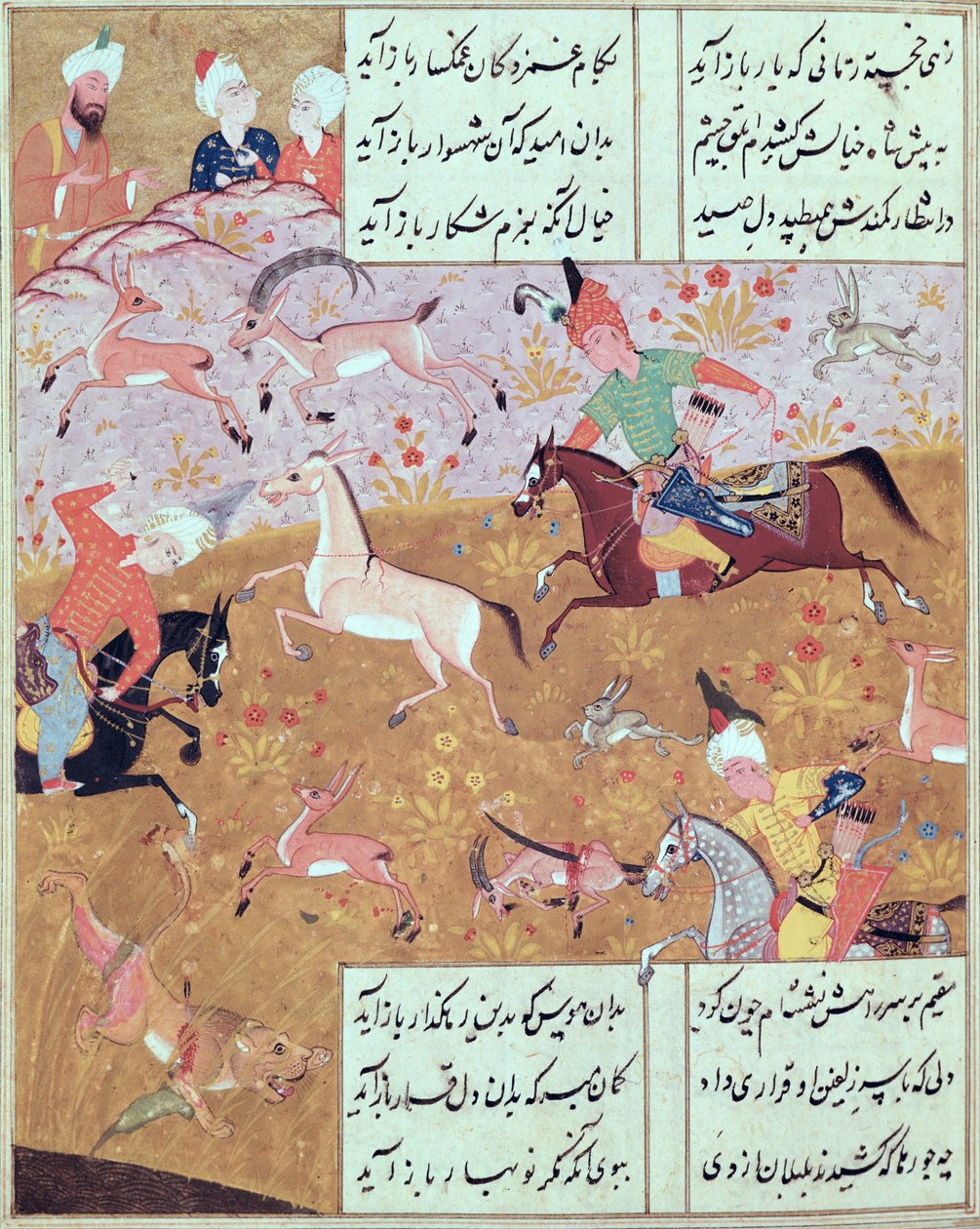 Fol.65r Den kungliga jakten, från en diktbok av Hafiz Shirazi (c.1325-c.1388) (gouache på papper) av Persian School