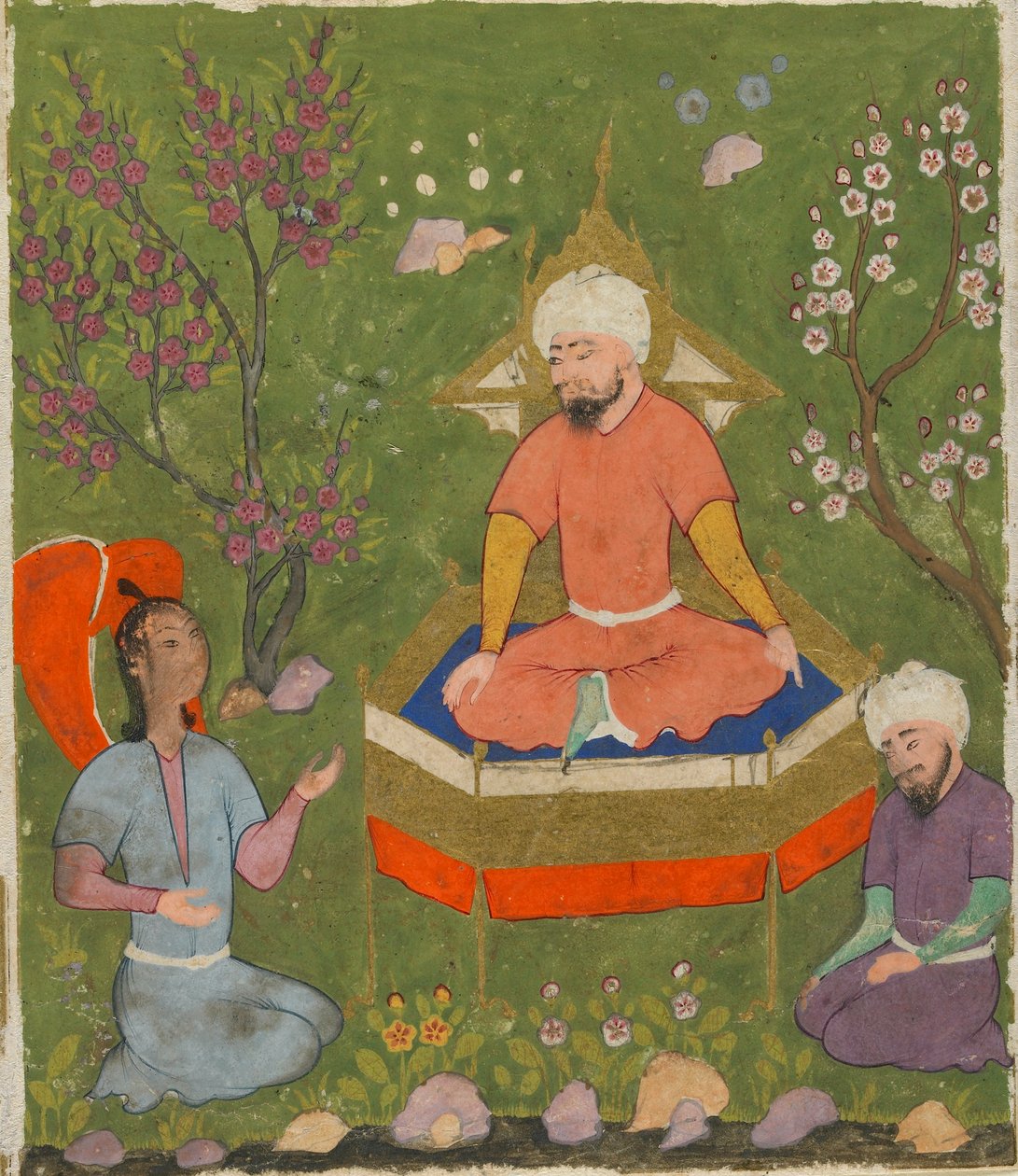 Folio från Ajaib al-Makhluqat (Skapelsens under) av al-Qazwini; recto: Haloed Figure Enthroned, Qazwin, Iran, ca 1590-1600 (ogenomskinlig akvarell, bläck och guld på papper) av Persian School
