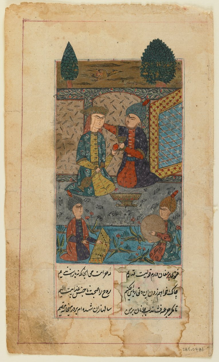Folio från en divan (samlade dikter) av Hafiz; recto: Prince and Princess Listen to Musicians (ogenomskinlig akvarell, bläck och guld på papper) av Persian School