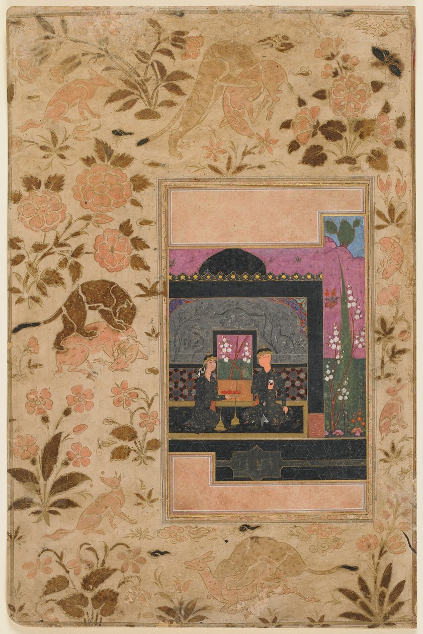 Folio från en Haft paykar; Bahram Gur och prinsessan i den svarta paviljongen, Qazwin, Iran, ca 1590 (ogenomskinlig akvarell, bläck och guld på papper) av Persian School