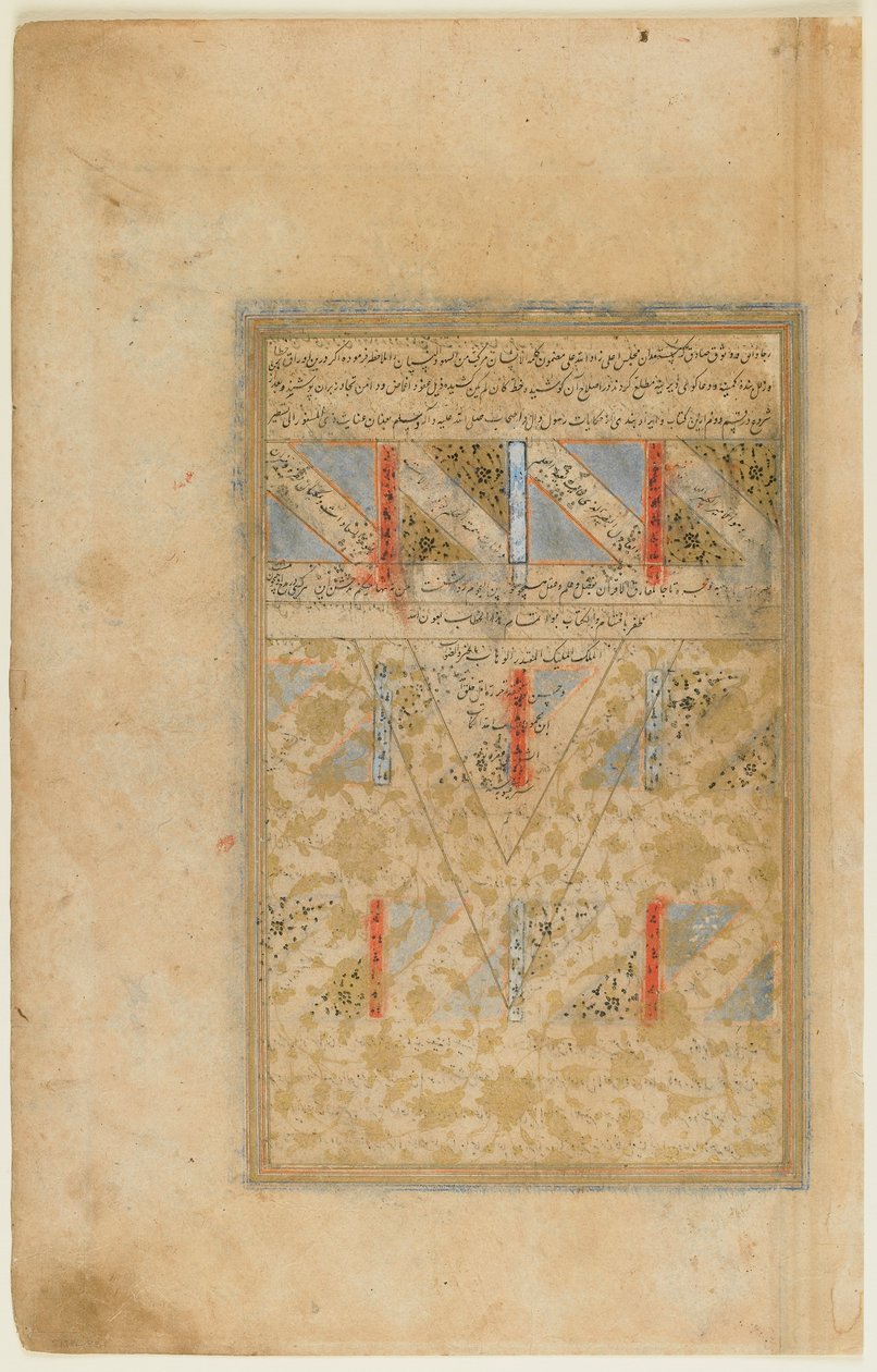 Folio från en Rawdat al-safa (Renhetens trädgård) av Mirkhwand (d.1498) Shiraz, Iran, Safavidperioden, 1571-72 (ogenomskinlig akvarell, bläck och guld på papper) av Persian School
