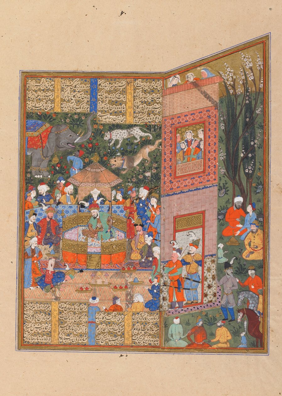 Folio från en Shahnama (Kungarnas bok) av Firdawsi (d.1020); verso: Salm och Turs sändebud före Faridun, Shiraz, Iran, Saravidperioden, ca 1560 (ogenomskinlig akvarell, bläck och guld på papper) av Persian School