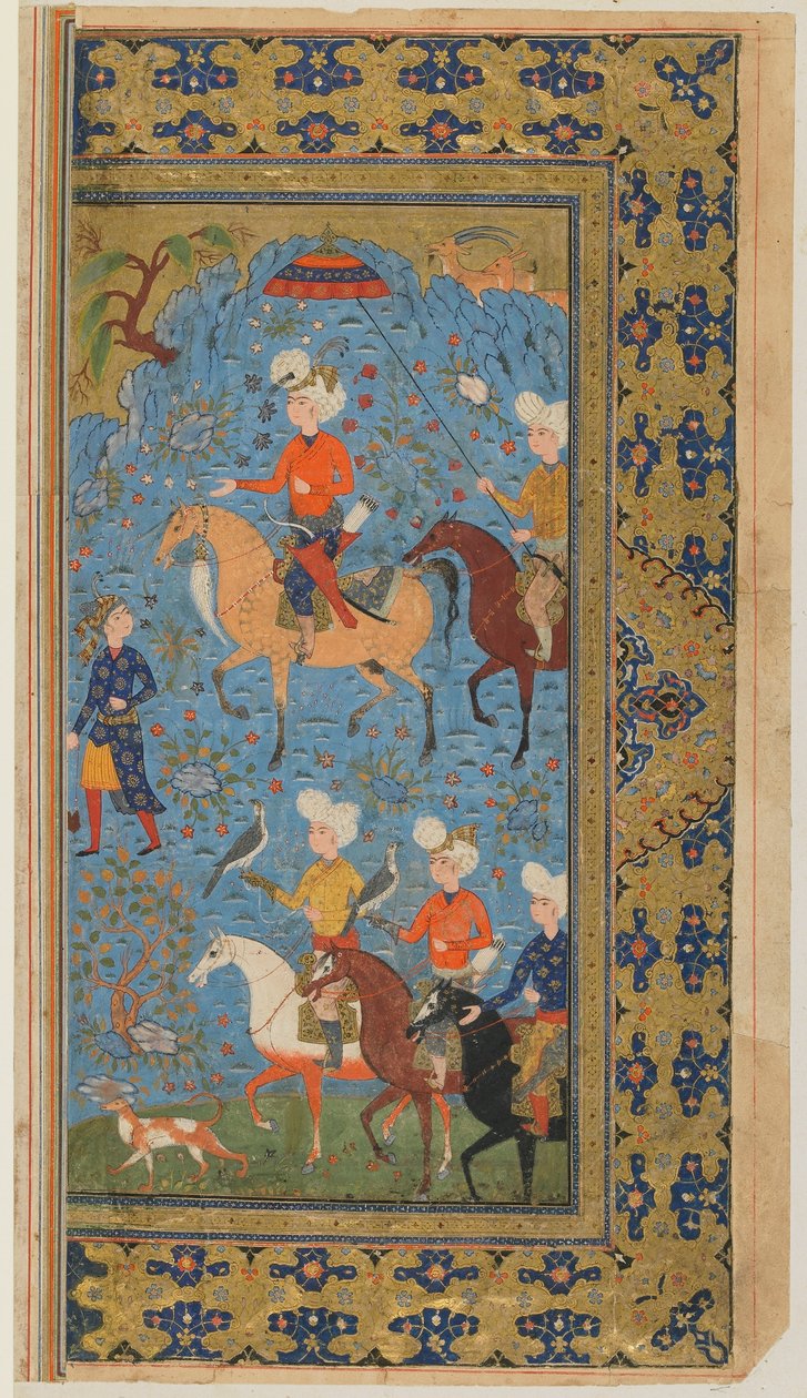 Folio från en Shahnama (Kungarnas bok) av Firdawsi; A Royal Hunt, Iran, ca 1590-1600 (ogenomskinlig akvarell, bläck och guld på papper) av Persian School