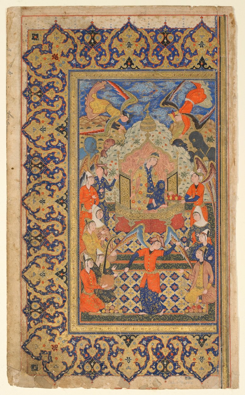 Folio från en Shahnama (Kungarnas bok) av Firdawsi; recto: Bilqis Enthroned; verso: förordstext, Shiraz, Fars, Iran, Safavidperioden, ca 1590-1600 (ogenomskinlig akvarell, bläck och guld på papper) av Persian School