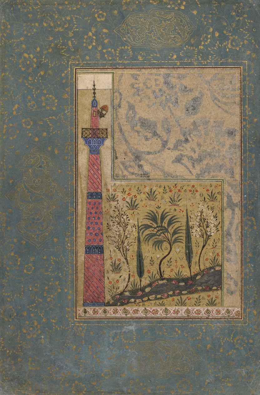 Folio från en antologi; Man on Top of a Minaret, Iran, 1417-18 (ogenomskinlig akvarell och guld på papper) av Persian School