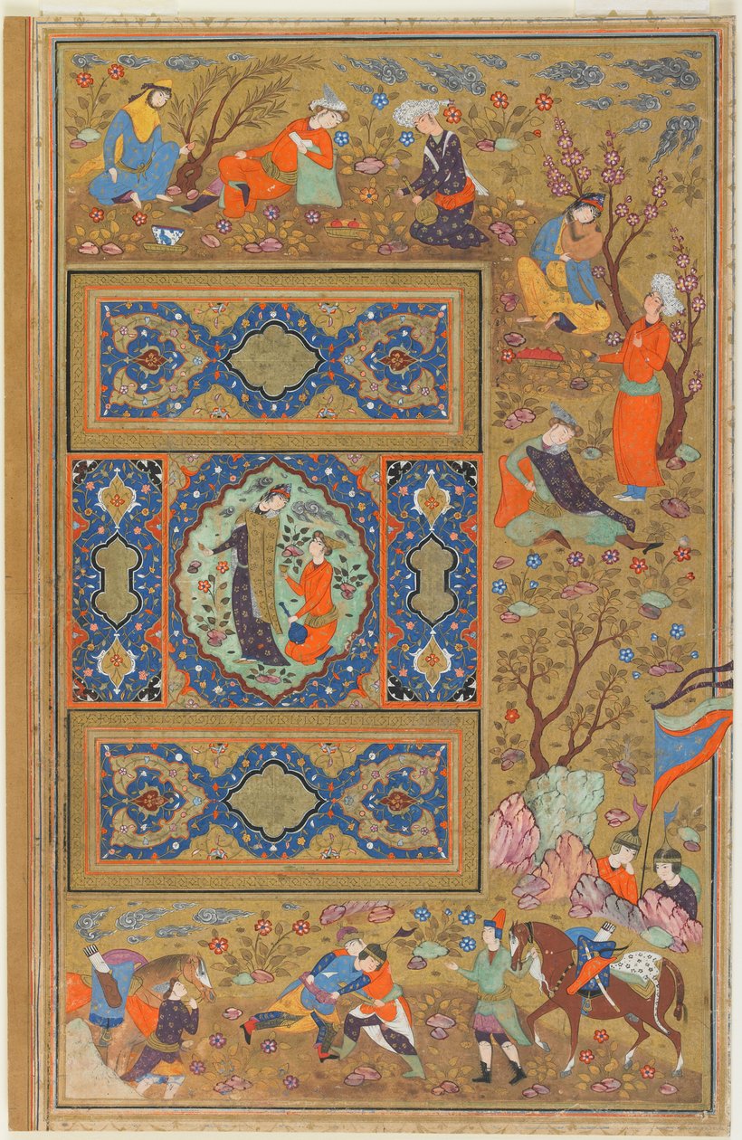Folio från ett album; verso: Ett par älskare, Isfahan, Iran, Safavidperioden, 1590-1610 (ogenomskinlig akvarell, bläck och guld på papper) av Persian School