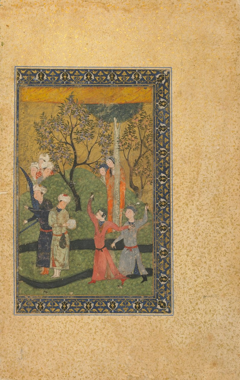 Folio från en oidentifierad text; En prins och prinsessa omgiven av hovmän i en trädgård, Iran, turkomanska perioden, ca 1480 (ogenomskinlig akvarell, bläck och guld på papper) av Persian School