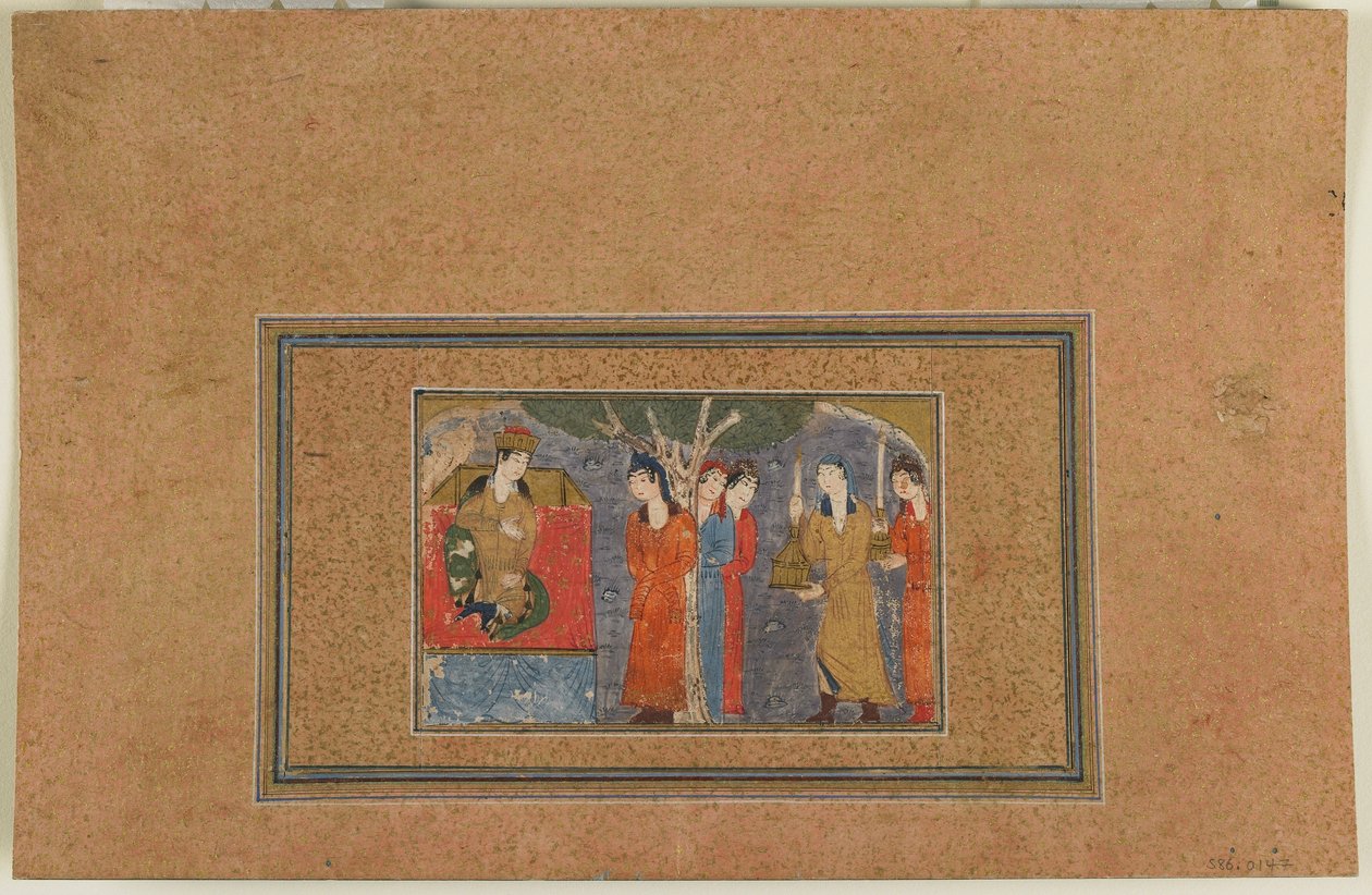 Folio från en oidentifierad text; A Princess Enthroned, Iran, ca 1440-50 (ogenomskinlig akvarell, bläck och guld på papper) av Persian School