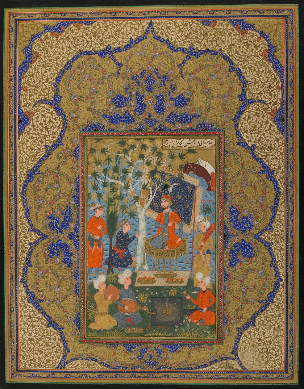 Folio från en oidentifierad text; A Ruler Enthroned, möjligen Khurasan, Iran, ca 1590 (ogenomskinlig akvarell, bläck och guld på papper) av Persian School