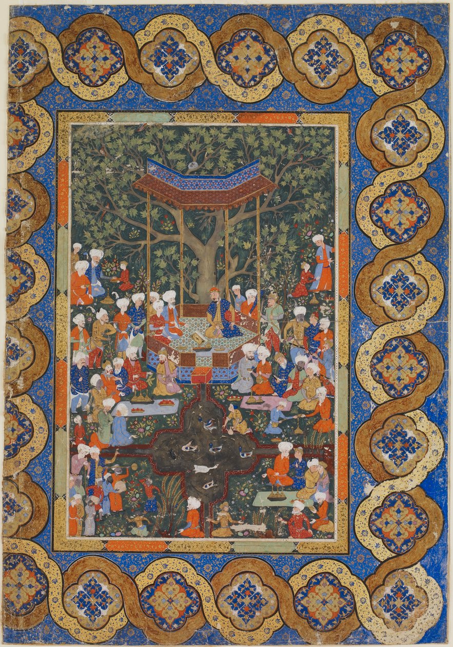 Folio från en oidentifierad text; En linjal i en trädgårdspaviljong omgiven av hovmän och skötare (ogenomskinlig akvarell, bläck och guld på papper) av Persian School