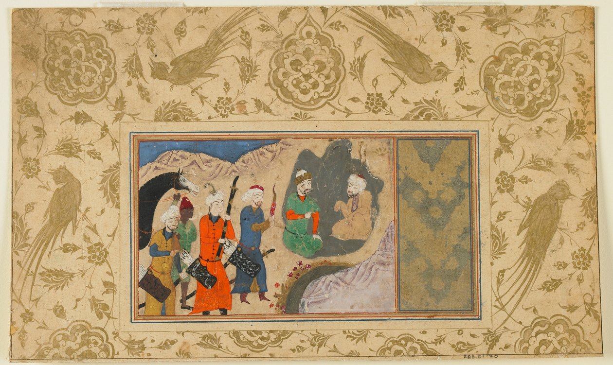 Folio från en oidentifierad text; Iskandar (?) besöker en eremit, Iran, ca 1500 (ogenomskinlig akvarell, bläck och guld på papper) av Persian School