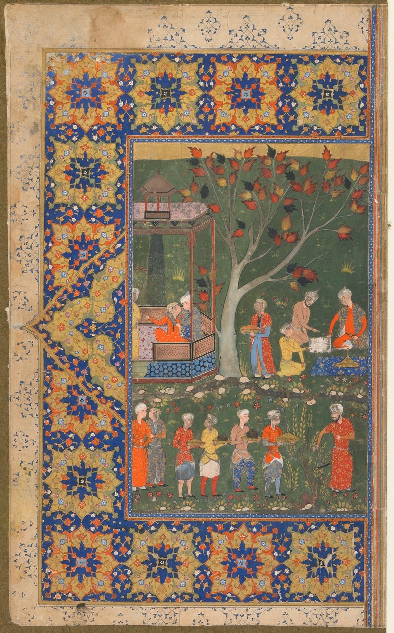 Folio från en oidentifierad text; recto:A Party in a Garden, Shiraz, Iran, ca 1570 (ogenomskinlig akvarell, bläck och guld på papper) av Persian School