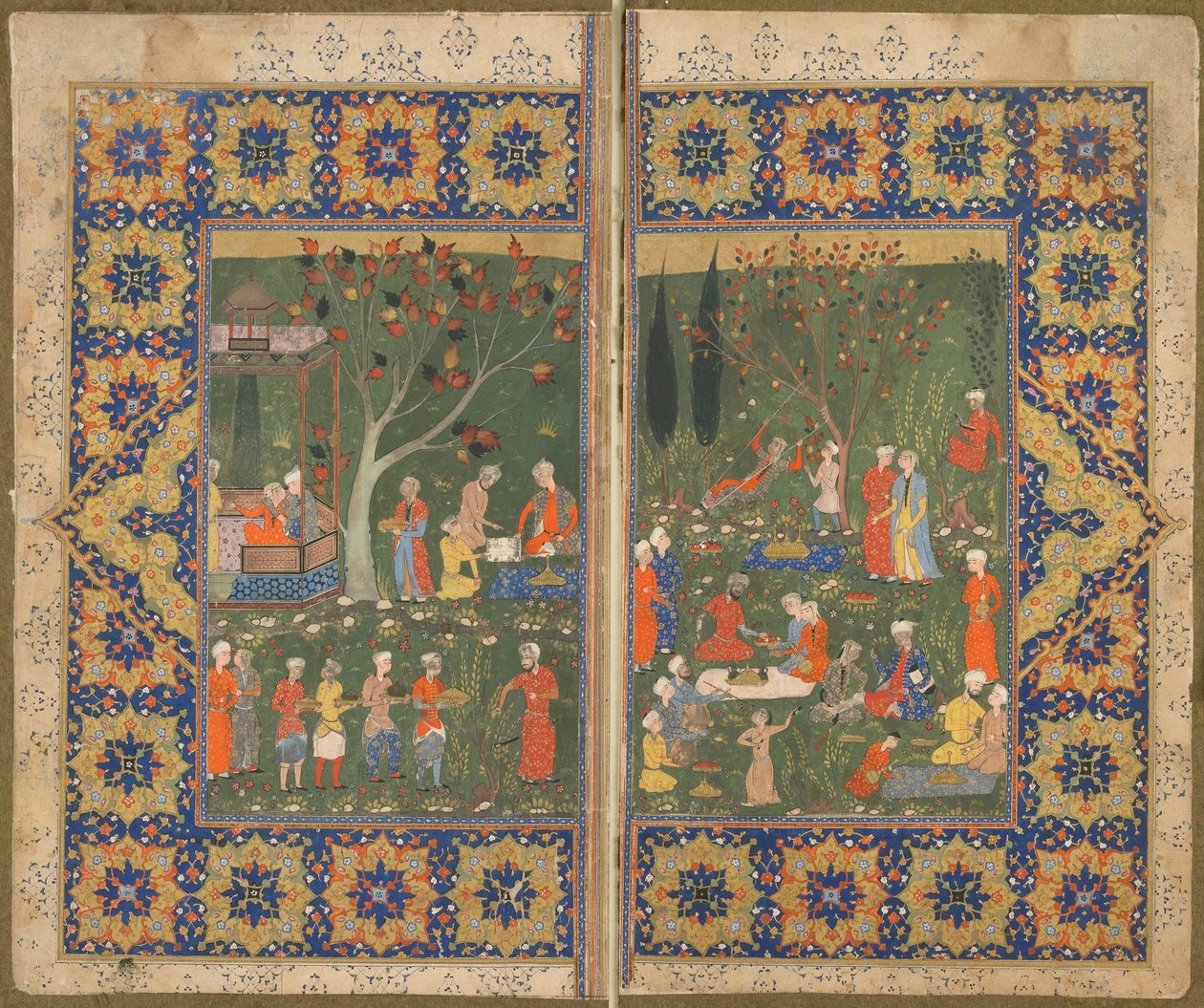 Folio från en oidentifierad text; tergo: En fest i en trädgård, Shiraz, Iran, ca 1570 (ogenomskinlig akvarell, bläck och guld på papper) av Persian School