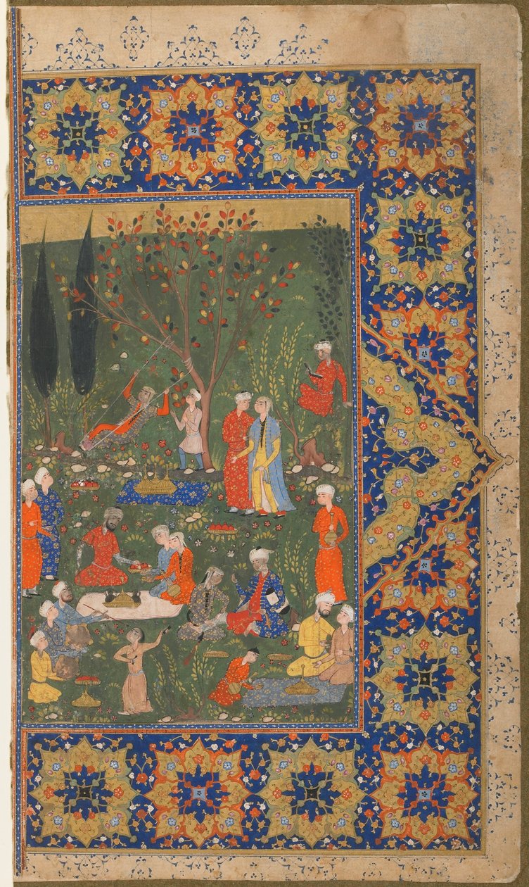 Folio från en oidentifierad text; tergo: En fest i en trädgård, Shiraz, Iran, ca 1570 (ogenomskinlig akvarell, bläck och guld på papper) av Persian School