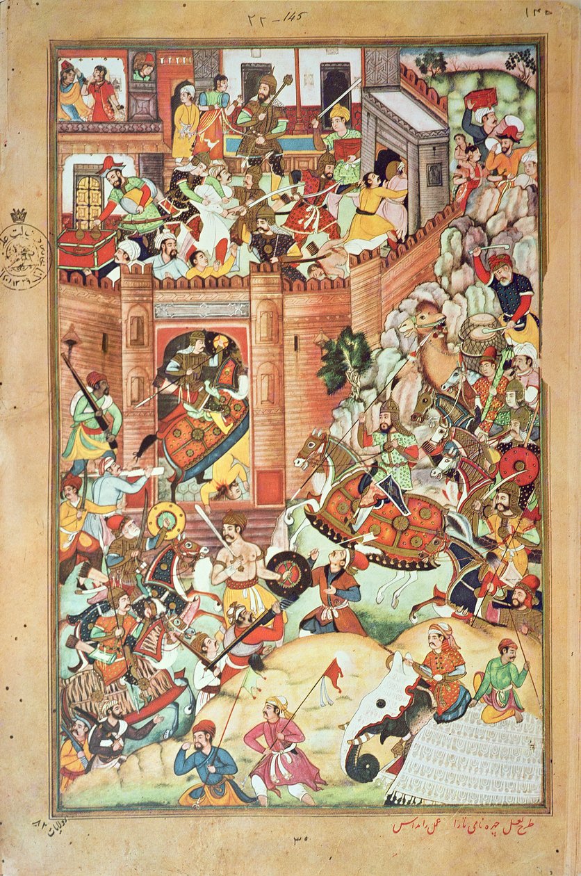 Djingis Khan erövrar en kinesisk stad, miniatyr från "Djingis Khans persiska historia" färdigställd 1596 av Persian School