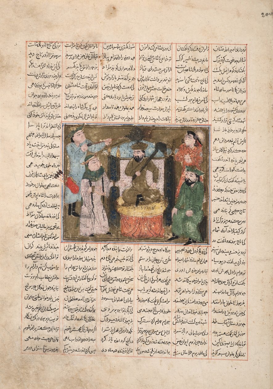 Gordiyeh råder sin bror Bahram Chubineh att inte aspirera till den persiska tronen, ca 1330 (ogenomskinlig wc, guld och bläck på papper) av Persian School