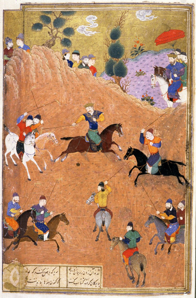 Gushtasp Playing Polo Before Caesar, illustration från Shahnama (Kungarnas bok), av Abul-Qasim Manur Firdawsi (c.934-c.1020) c.1440-45 (penna, bläck & wc på veläng) av Persian School
