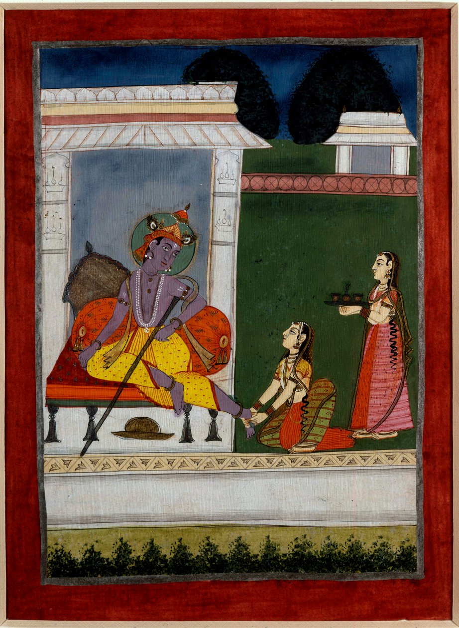 Hinduism: "" Krishna vilar""" En nästa mattar hans fötter. Persisk miniatyr av den indiska skolan på 1600-talet. Rennes, Museum of Fine Arts av Persian School