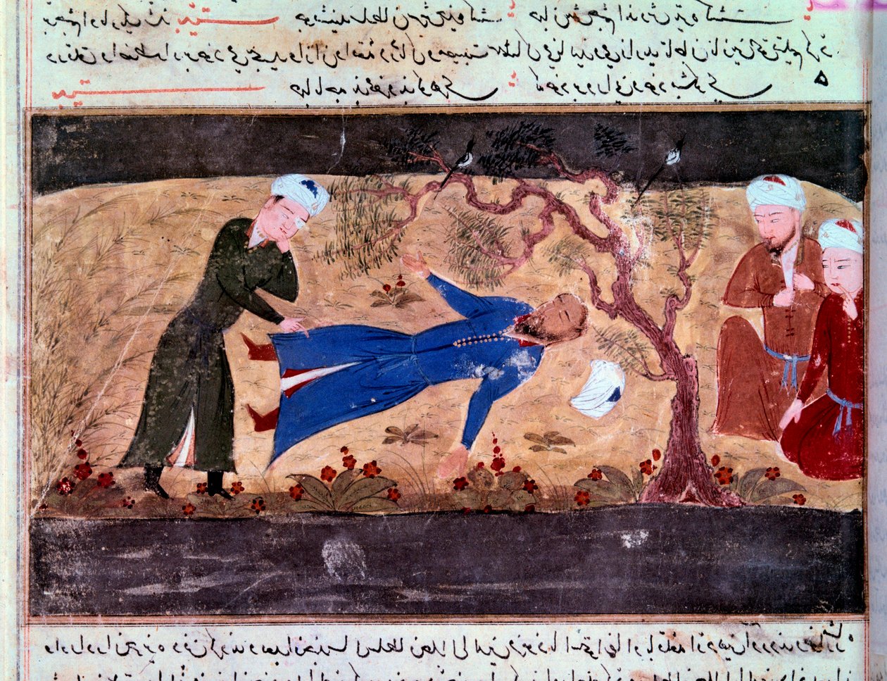 Mongolernas historia: Muhammad hwarazmshahs död. Manuskript ""Summa av berättelser (Djame al-tavarikh) (Djame al-tavarikh)" (Folio 60v) av Rachid al-Din Fazl-ollah (Fazl ollah) Hamadani av Persian School