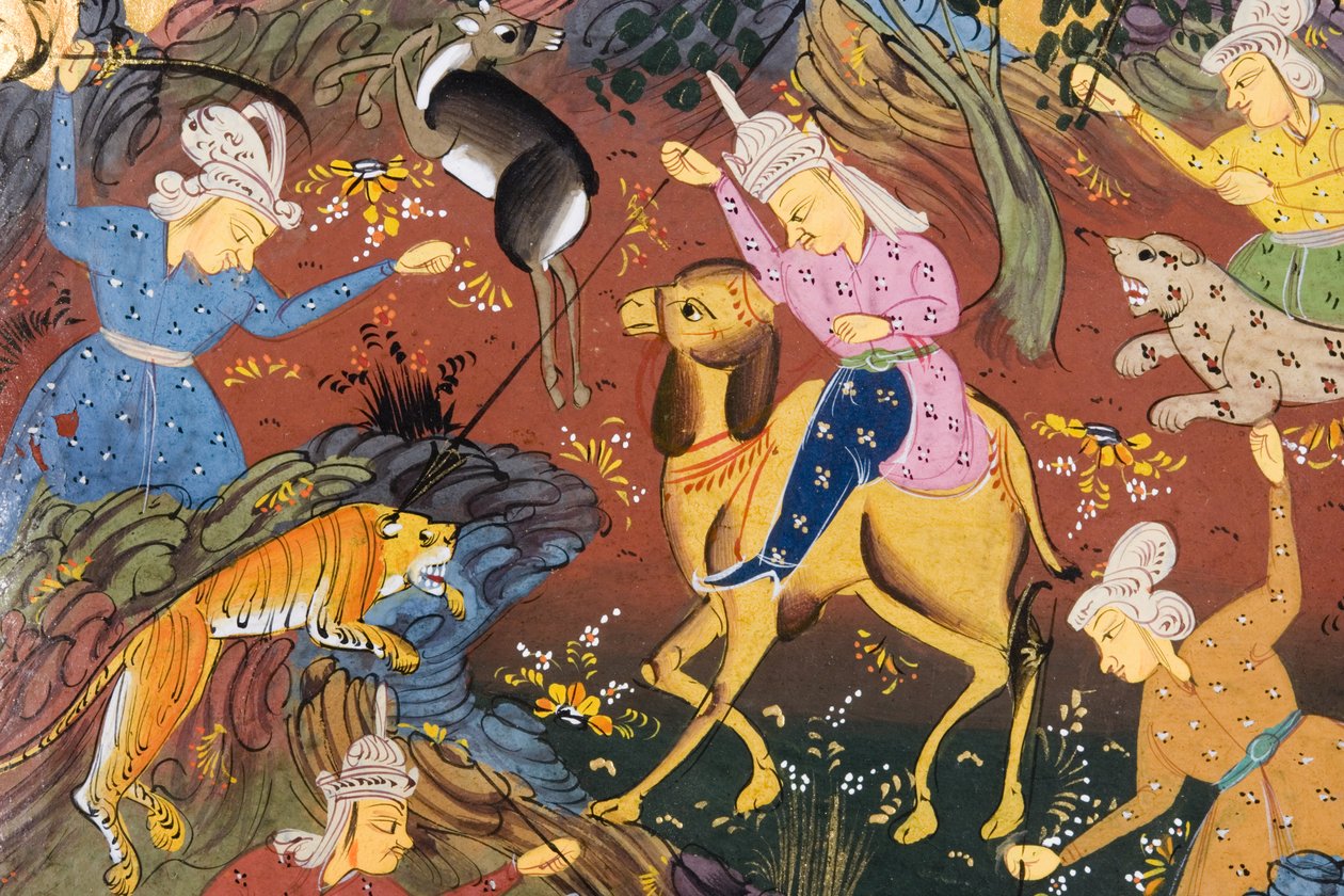 Jägare monterade och till fots dödar rådjur och tiger (ogenomskinlig akvarell på papper) (detalj av 272916) av Persian School