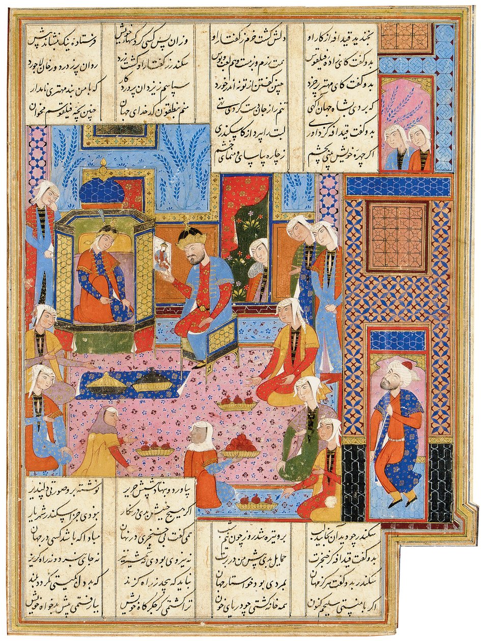 Illustration från en Safavid Shahnama: Alexander, i förklädnaden av ett sändebud, erkänns av drottning Nushaba, Shiraz, Iran, 1650-1700 av Persian School