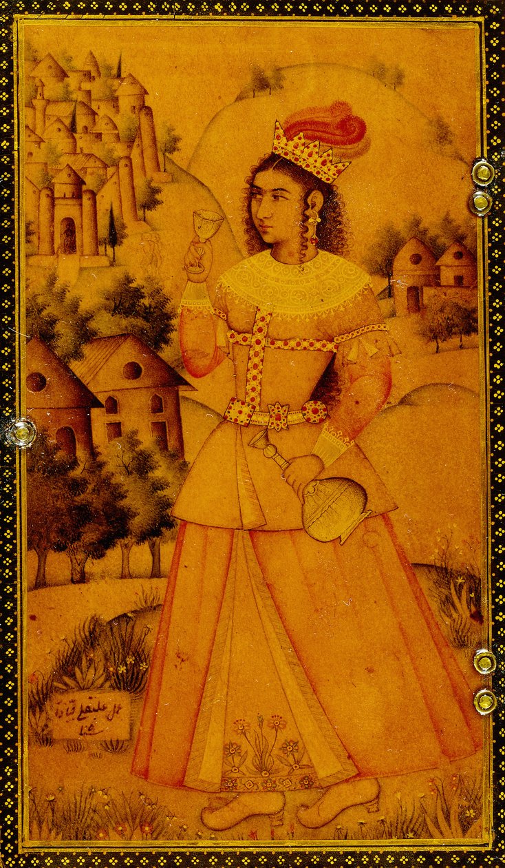Interiör av ett spegelfodral målat med en stiliserad europeisk dam som håller i en vinkopp och en flaska, 1600-talet av Persian School