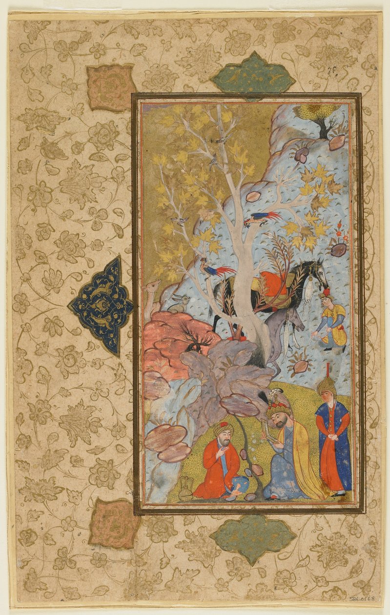Iskandar besöker en eremit, Shiraz, Iran, ca 1580-1600 (ogenomskinlig akvarell, bläck och guld på papper) av Persian School