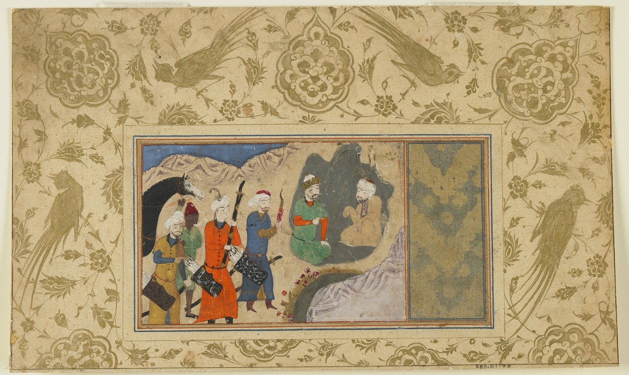 Iskandar besöker en eremit, ca 1500 (ogenomskinlig akvarell, bläck och guld på papper) av Persian School