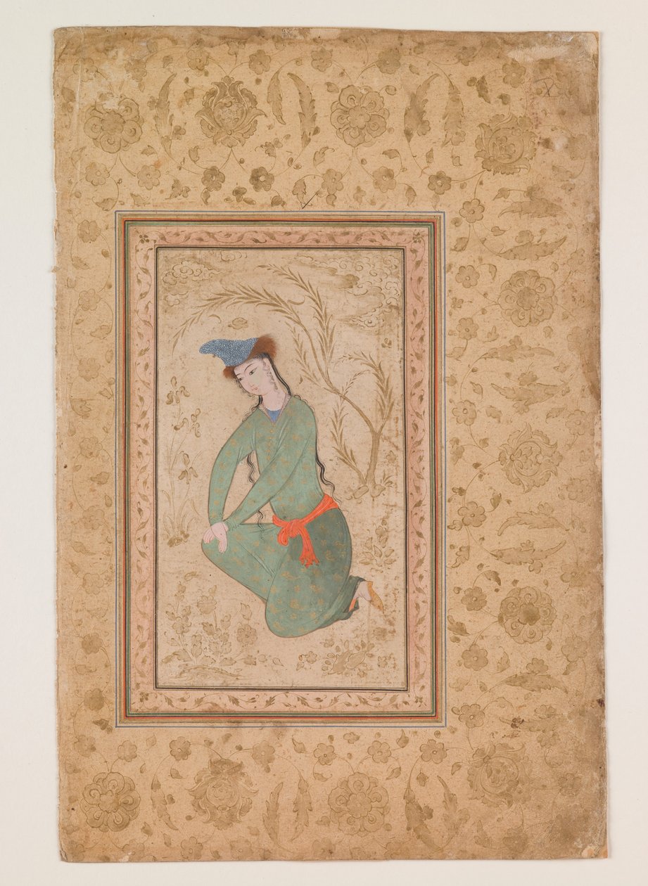 Knäböjande ungdom, tidigt 1600-tal (akvarell på papper) av Persian School