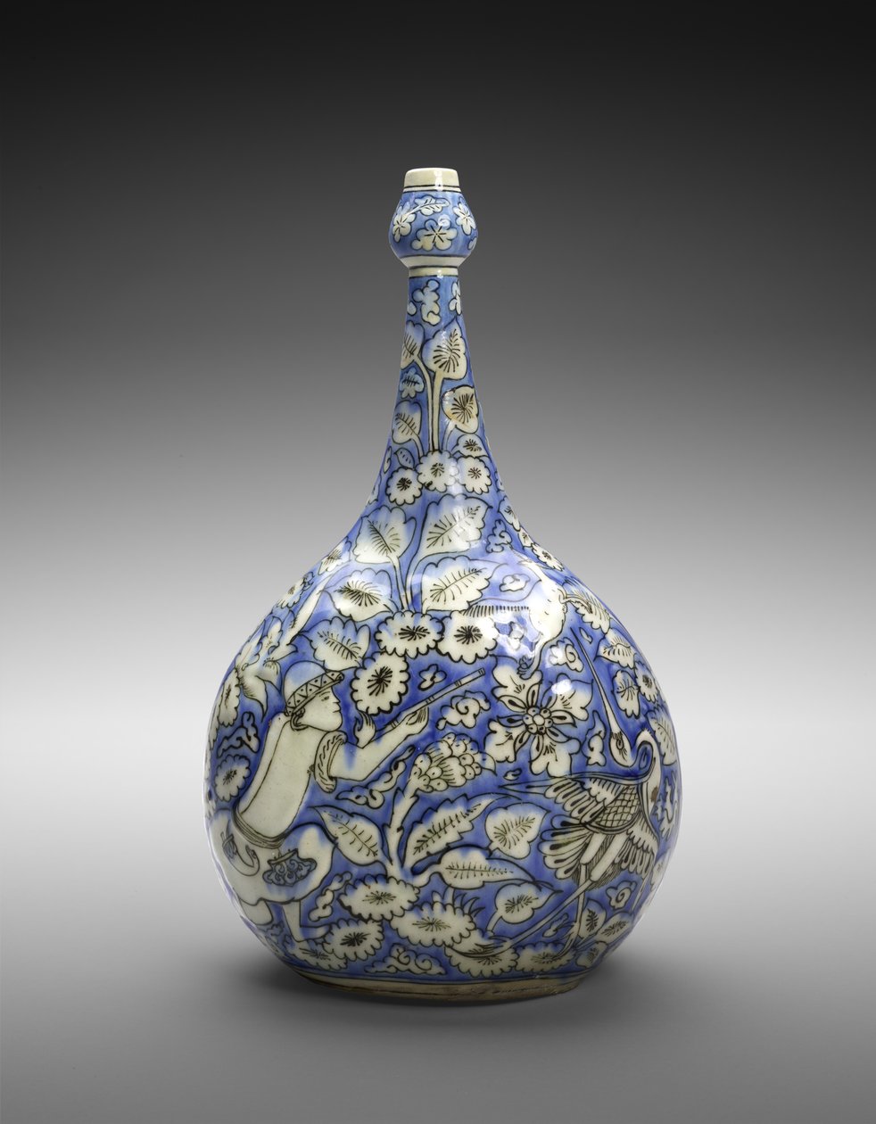 Flikig flaska med figur och blommor, mitten av 1600-talet (glansgods med ogenomskinlig vit & koboltblå glasyr) av Persian School
